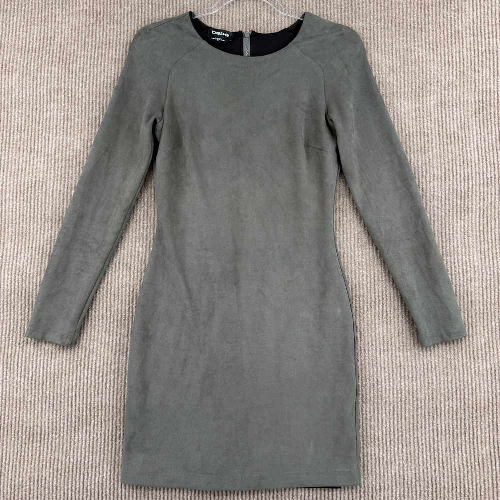 Bebe Dress Women Small Greyish Green Faux Suede Long Sleeve Exposed Zipper Lined